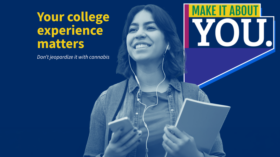 Student smiling while holding a phone and notebook, with text emphasizing college experience.