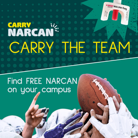 Football players' hands reaching for ball, "Carry Narcan" and Narcan nasal spray highlighted.