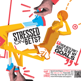Colorful graphic of a worried figure surrounded by gambling-themed imagery and text icons.