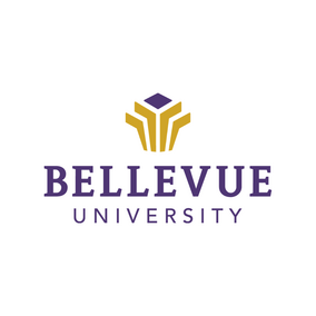 Bellevue University logo with purple text and gold geometric design above.