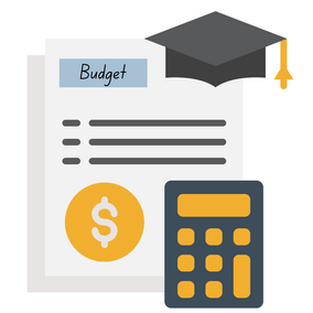 Document labeled "Budget" with a dollar symbol, calculator, and graduation cap.