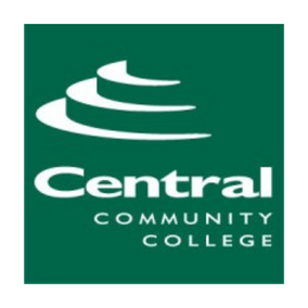 Central Community College logo with white spiral design on green background.