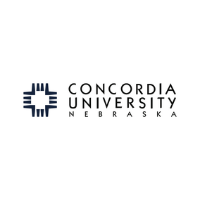 Concordia University Nebraska logo with blue geometric cross symbol.