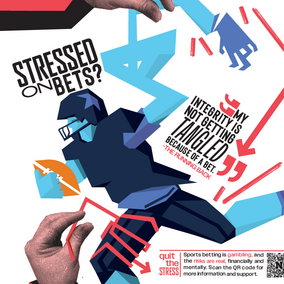 A stylized football player surrounded by bold arrows and anti-gambling advocacy text.