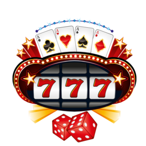 Slot machine with triple sevens, playing cards, red dice, and a starry decorative design.