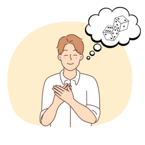 A person with a thought bubble showing two dice.