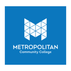 White geometric "M" logo over blue background, with "Metropolitan Community College" text below.