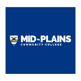 Mid-Plains Community College logo with a blue background and shield design.