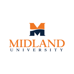 Midland University logo with orange and navy blue "M".