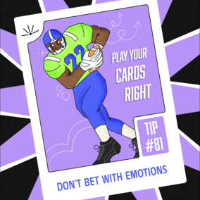 Football player in blue and green uniform holding a ball on a purple card with tip text and starburst design.
