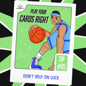 Basketball player in blue uniform holding a ball against a graphic green and black background.