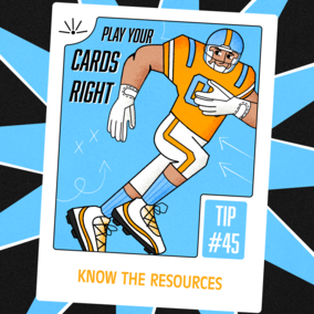 Football player in orange uniform running on a graphic card, with blue rays and text elements.