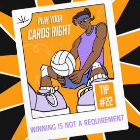 A volleyball player kneeling, surrounded by orange and black geometric shapes.