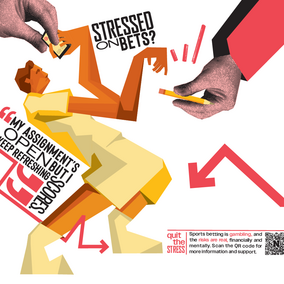 Abstract illustration of a stressed person with hands holding mobile devices, arrows, and bold text accents.