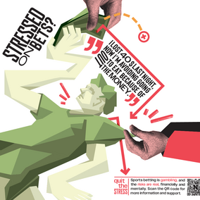 Stressed man lying on the ground with gambling-related text and QR code.