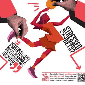 Red-toned collage of hands, text, and a stylized figure reaching for an orange object.