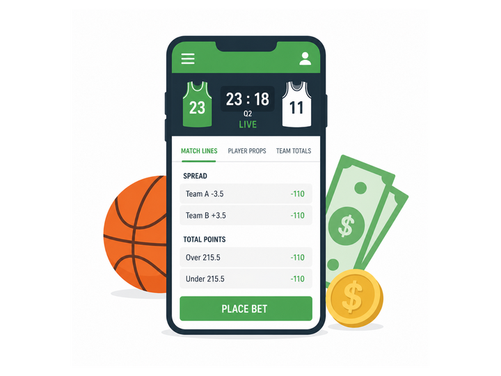 Sports betting app graphic with basketball, dollar bills, and coins.