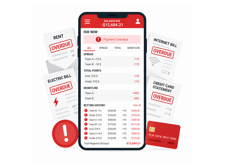 Smartphone displaying overdue bills surrounded by icons for rent, electric, internet, and credit card bills.